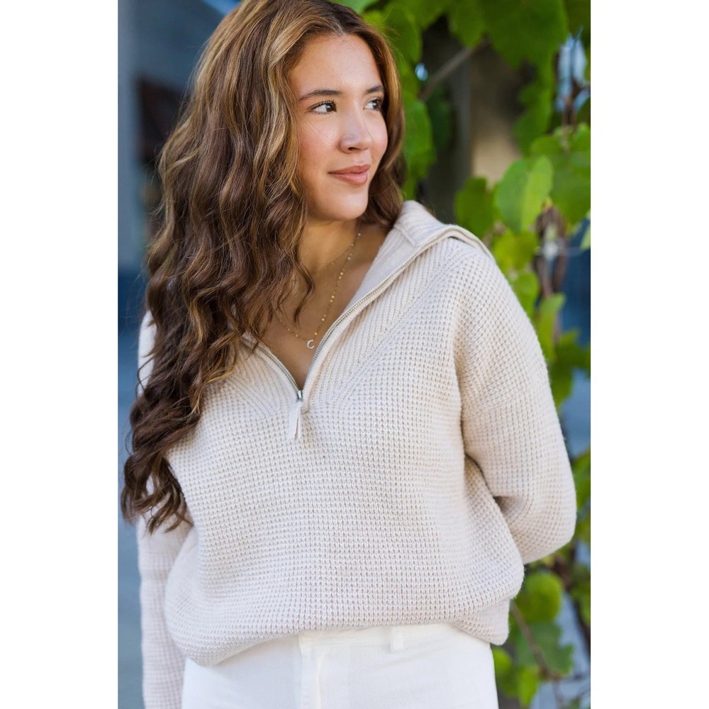 Aerie Ribbed Half-Zip Oversized Sweater Beige Knit Pullover Cozy